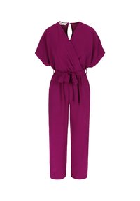 Fuchsia jumpsuit met korte, brede mouwen, wikkeldesign, ceintuurbinnen en een keyhole-detail op de rug. Glad stof met lange broekspijpen.