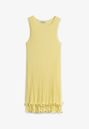 Ärmelloses, blassgelbes, geripptes Strickkleid mit Rundhalsausschnitt und verspieltem Volant-Saum.