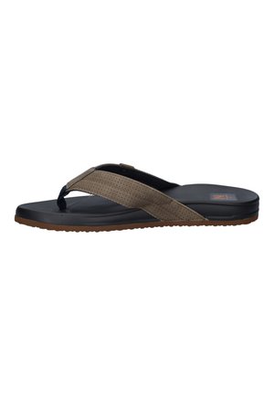 Brown and black flip-flop sandal with a perforated strap, thick sole, and textured footbed, shown in a side view on white background.