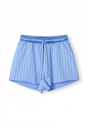 Lichtblauwe shorts met witte verticale strepen. Heeft een elastische tailleband met verstelbaar trekkoord en schuine zakken. Zacht materiaal.