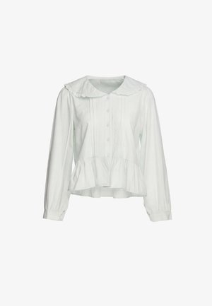 Weiße Bluse mit langen Ärmeln, gerafftem Kragen, Knopfleiste vorne, dekorativen Falten und ausgestelltem Saumdetail.