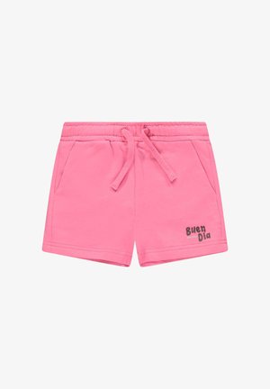 Roze katoenen shorts met een elastische tailleband, trekkoord, twee zijzakken en "Buen Dia" in het zwart op de voorkant gedrukt.