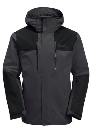 Giacca impermeabile di colore grigio scuro con accenti neri. Presenta un cappuccio, due tasche sul petto con zip e polsini regolabili. Tessuto dalla texture liscia.