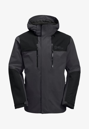 Wasserfeste Jacke in Dunkelgrau mit schwarzen Akzenten. Verfügt über eine Kapuze, zwei Reißverschlusstaschen auf der Brust und verstellbare Bündchen. Glatte Stofftextur.