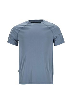 Short-sleeve athletic shirt made of light blue moisture-wicking fabric, featuring a round neck, flat seams, and subtle reflective accents.