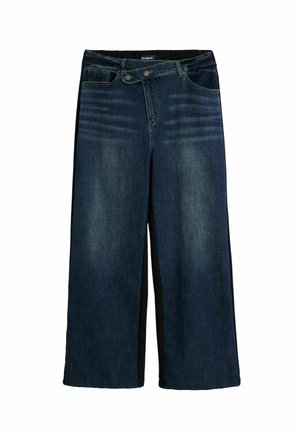 Weite Jeans mit einem dunkelblauen Denimstoff, versehen mit schwarzen Seitenpartien, einem vorderen Knopfverschluss und subtilen Verwaschungen für Textur.