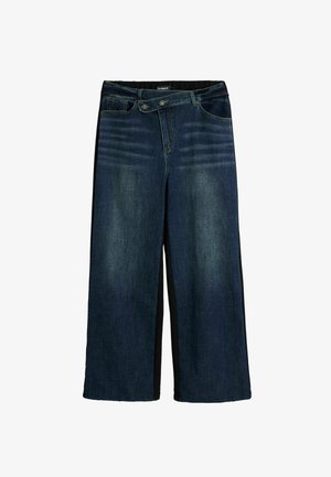 Jeans a gamba larga con un corpo in denim blu scuro, dotati di pannelli laterali neri, una chiusura frontale con bottone e una leggera sfumatura per una texture raffinata.
