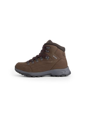 Bruine wandelschoenen met een middenhoog ontwerp, duurzaam suède materiaal, versterkte veterogen en een gestructureerde rubberen zool voor grip.