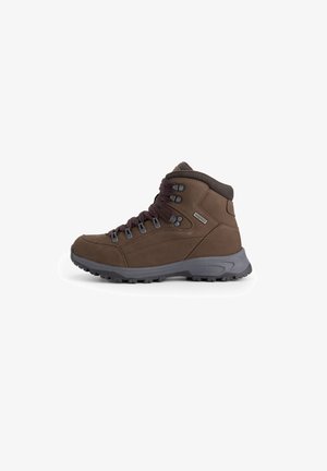 Bottes de randonnée brunes au design mi-haut, en matériau suédé durable, avec œillets renforcés et semelle en caoutchouc texturée pour une meilleure adhérence.