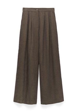 Wide-leg trousers in a muted brown color, made from a textured fabric. Features a button closure and front pleats.