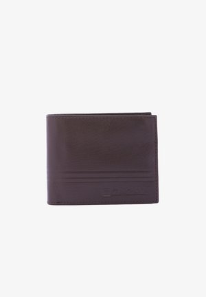 Portafoglio pieghevole in pelle marrone con una texture liscia, caratterizzato da più scomparti per carte e da un delicato dettagli embossato sulla parte anteriore.