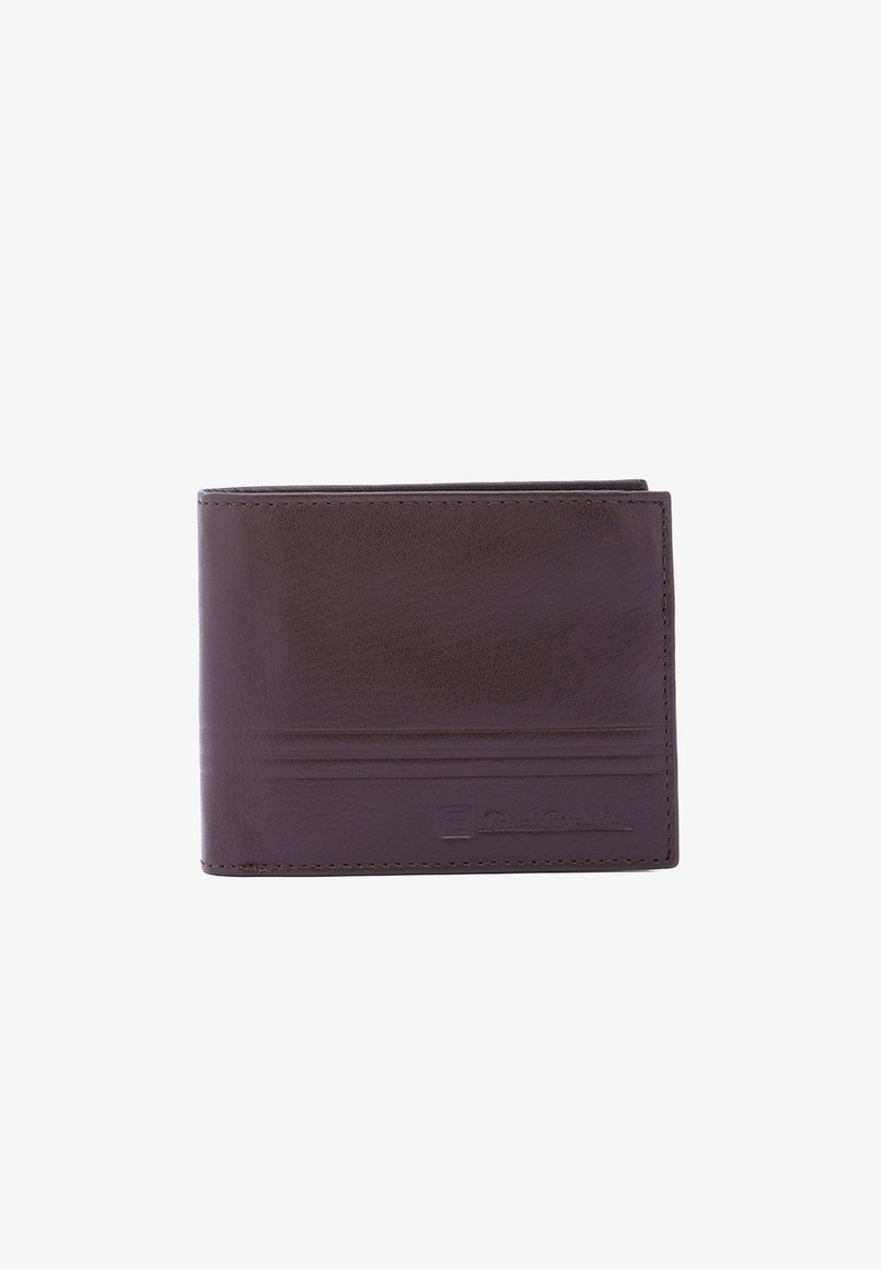Bruine leren bi-fold portemonnee met een gladde textuur, voorzien van meerdere kaartsleuven en subtiele reliëfdetails aan de voorkant.