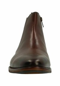 Bottine en cuir marron avec un design épuré, un bout arrondi et un zip latéral. Texture lisse et accents matériels minimalistes.
