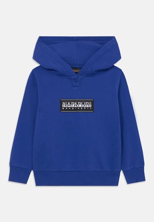Sweat à capuche bleu avec un patch logo devant portant la mention "Napapijri geographic" et poignets et ourlet côtelés.
