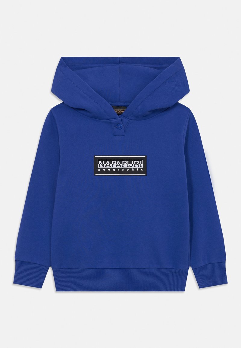 Sweat à capuche bleu avec un patch logo devant portant la mention "Napapijri geographic" et poignets et ourlet côtelés.