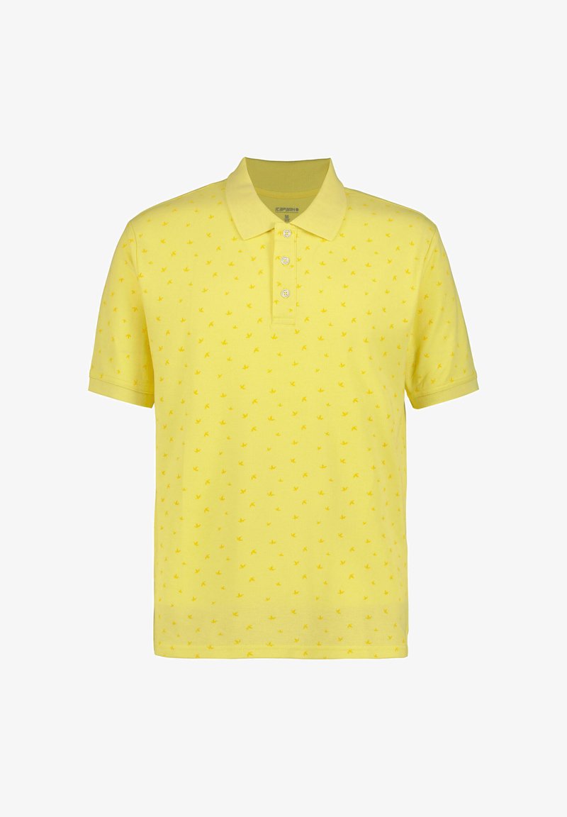 Geel poloshirt met een patroon van kleine vogels, korte mouwen en een drieknoopssluiting. Gemaakt van gestructureerd katoen.