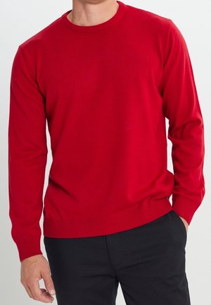 Mann trägt einen schlichten roten Pullover mit langen Ärmeln und dunkle Hose, steht mit einer Hand in der Tasche vor einem weißen Hintergrund.