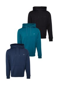 Trois sweatshirts en noir, sarcelle et marine. Chacun présente une poche kangourou à l'avant, une capuche avec cordon de serrage et un petit logo sur la poitrine.