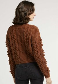 Pull en laine marron avec un ourlet côtelé, motif en maille torsadée dans le dos et des pompons sur les manches. Design court.