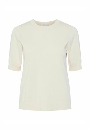 Korte mouwen crewneck top in crème, gemaakt van een gladde stof met een getailleerd ontwerp en geribbelde halslijn en manchetten. Geen zichtbare patronen of accenten.