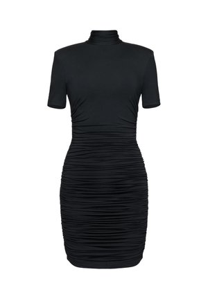 Czarna, krótka sukienka z marszczeniami, ołówkowa, z krótkim rękawem, wysokim kołnierzem i dopasowanym krojem.