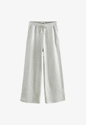 Jasnoszare, szerokie spodnie dresowe wykonane z miękkiego materiału, z elastycznym pasem z sznurkiem i kieszeniami bocznymi dla wygody.
