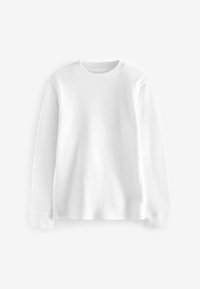 Chemise blanche à manches longues avec une texture côtelée, col rond et coupe droite. Les poignets et l'ourlet sont également côtelés. Pas de motifs ou d'accents visibles.