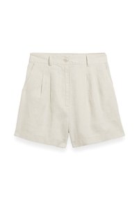 Linenhousut vaaleanbeigessä värissä, joissa on nappisulku, edessä pleat-tyyliset yksityiskohdat, kaksi sivutaskua ja käännetty helma.