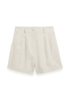 Linen kratke hlače v svetle bež barvi z gumbom za zapiranje, plitvami naprsnimi žepi spredaj, dvema stranskima žepoma in zvitim robom.