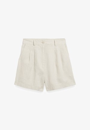 Linen shorts in light beige with a button closure, pleats at the front, two side pockets, and a rolled hem.