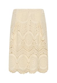Jupe en dentelle couleur crème avec des motifs circulaires et festonnés, dotée d'une ceinture ajustée et de plis latéraux.
