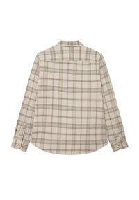 Checkered shirt in cream and green, featuring long sleeves, button cuffs, and a back yoke. Material appears textured with a plaid pattern.