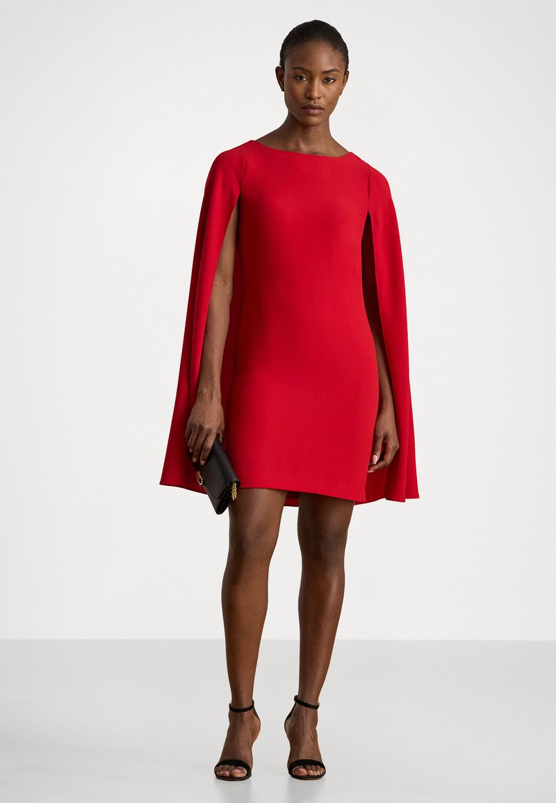 asos red cape dress ASOS DESIGN high neck drape front extreme cape sleeves mini dress in red