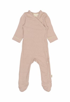 Ribaga beebivoodi pehmest roosast kangast, millel on pikad varrukad, ümber mähkiva disainiga, küljel nupukesed ja suletud jalad.