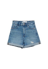 Shorts de mezclilla en azul claro con un acabado desgastado, dobladillos enrollados y herrajes de cobre. Disponen de bolsillos frontales y una cinturilla clásica.