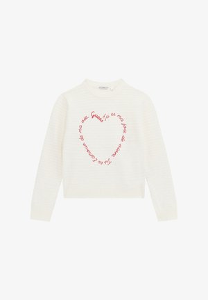 Maglione bianco a maglia con scollatura rotonda e polsini a coste, con testo rosso ricamato a forma di cuore al centro davanti.