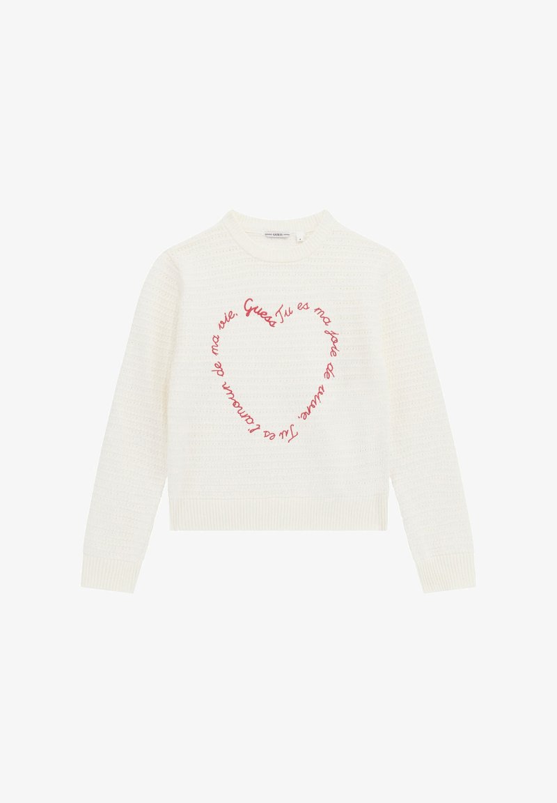 Maglione bianco a maglia con scollatura rotonda e polsini a coste, con testo rosso ricamato a forma di cuore al centro davanti.