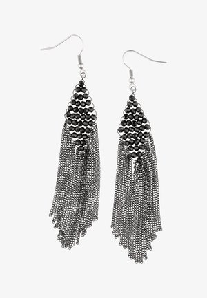 Black beaded diamond-shaped earrings with multiple silver chain tassels and fishhook ear wires.
