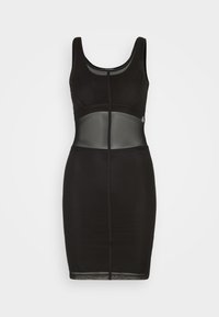 Černé bezramínkové bodyscon šaty s průsvitnou síťovinou v pase a vertikálními švy uprostřed přední části.