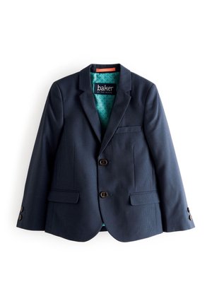 Mørkeblå skræddersyet blazer med to knapper, klaplommer og teal-mønstret for, mærket "baker by Ted Baker" indeni kraven.