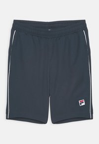 Mörk marinblåa träningsoverallshorts med elastiskt midjeband, vita sidostreck och en liten flerfärgad logotyp nederst till vänster. Slät tygstruktur.