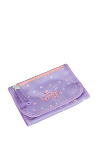 Portafoglio di tessuto viola con pois rosa, dotato di chiusura a zip e logo ricamato "baagl" in rosa. Texture morbida, design compatto.