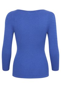 Suéter azul de manga larga con patrón de tejido waffle texturizado y cintura ajustada, mostrado desde la parte posterior sobre un fondo blanco.