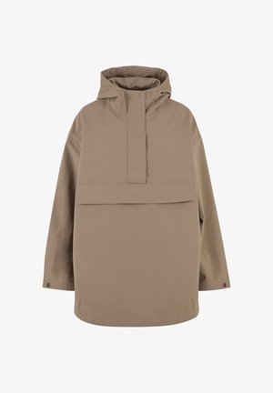 Beige hooded rain jacket with long sleeves, front flap pocket, snap button closure at neck and sleeve cuffs, and relaxed fit.