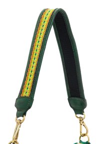 Cinturino in pelle verde con accenti intrecciati gialli, verdi e marroni; include accessori in oro e una sezione interna imbottita per il comfort.