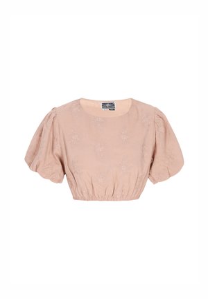 Šviesiai rožinė trumpa palaidinė su pūstomis rankovėmis, turinti tekstūrinį gėlių raštą ir elastinį apatį kraštą. Etiketė matoma ant kaklo.