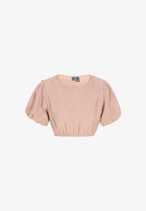 Bluză scurtă roz deschis cu mâneci bufante, având un model floral texturat și un tiv elastic. Eticheta este vizibilă la guler.