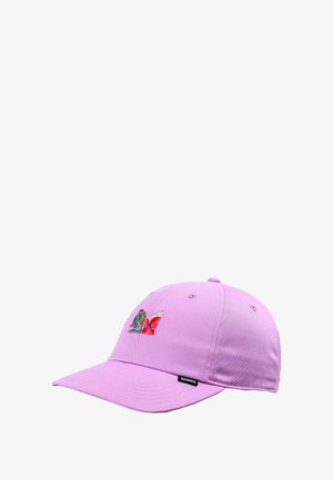 Light purple baseball cap with embroidered red, green, and blue abstract design on front, and small black "DJINNS" tag on brim.