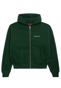 Grøn zip-hoodie lavet af bomuldsblanding. Har frontlommer, ribbede manchetter og kant, samt teksten "FORBUDT" trykt i hvidt på venstre bryst.