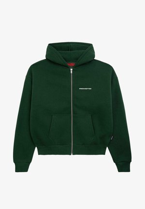 Grøn zip-hoodie lavet af bomuldsblanding. Har frontlommer, ribbede manchetter og kant, samt teksten "FORBUDT" trykt i hvidt på venstre bryst.